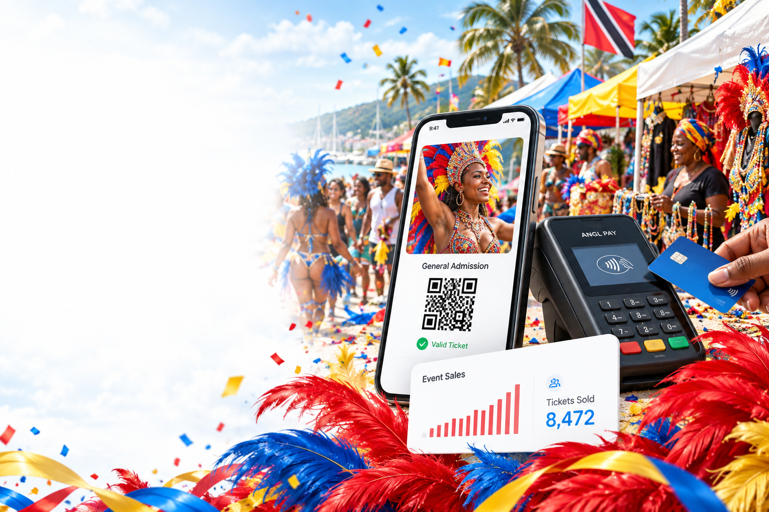 Carnival celebration with event ticketing, a payment terminal, and colorful feathers